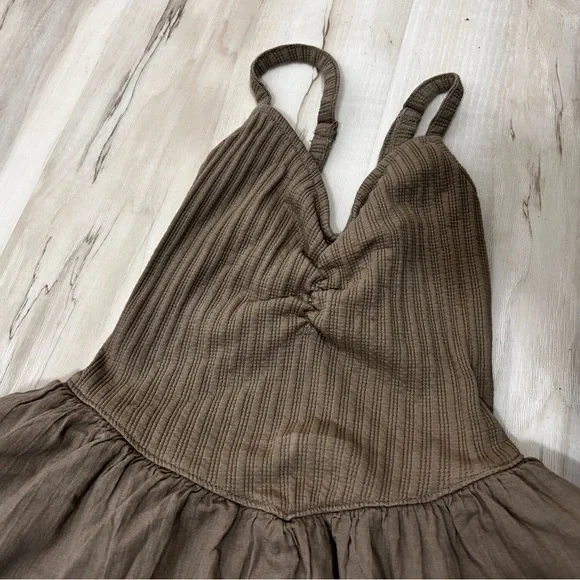 Aerie Brown Babydoll Dress XS Ribbed Top Tiered Skirt Lace Trim Boho Cami - Picture 3 of 12